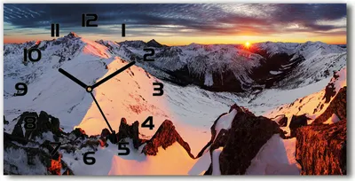 Produktbild von Wanduhr aus Glas – 60x30 cm - Glasbild - Glasuhr - Gehärtetes Glas - schwarze-zeiger - Berge im Winter