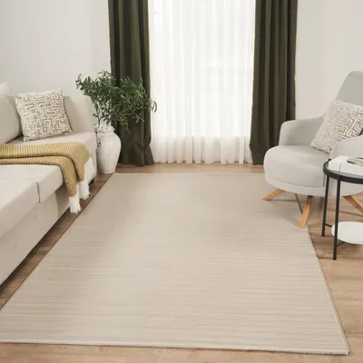 Produktbild von Teppich Wohnzimmer Schlafzimmer Kurzflor Robust Hoch-Tief-Effekt Streifen Beige 80x150 cm