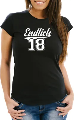 Produktbild von Damen T-Shirt Geburtstag Geschenk Endlich 18 College Stil Volljährig erwachsen Slim Fit Moonworks® schwarz L