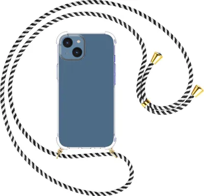 Produktbild von Handykette Backcover-Schutzhülle mit Band (Metall goldfarben) für Apple iPhone 15 - schwarz/weiß gestreift