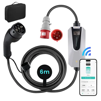 Productafbeelding van JUNSUN 11kW mobiele laadpaal, Type 2, met Smart Life app, 3-fasen, 400V, CEE 16A, 5 meter laadkabel, instelbaar van 6-16A, LCD-display, IP65