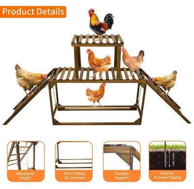 Image de Balançoire pour poules en bois de pin - avec barre de maintien et échelle - jouet d'activité en bois - perche pour poules - pour 8 à 10 poules