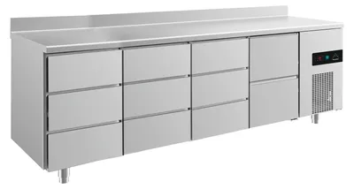 Produktbild von Gastro Kühltisch | Edelstahl | 11 Schubladen | Aufkantung | 2330 x 700 x 850 mm | -2 / +8 °C | 632 Liter