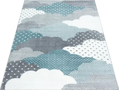 Produktbild von Kinder Teppich Kinderzimmer für Jungs und Mädchen Blau 120x170 weich Wolken Design bunt aus Regenbogen Fußball uvm. Rechteck aus Polypropylen