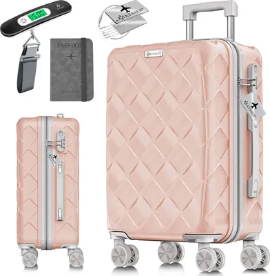 A collection of travel accessories including a pink suitcase, a passport holder, a luggage scale, and luggage tags, arranged on a white background.