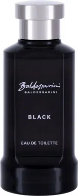 A studio shot of a black perfume bottle with a silver cap.