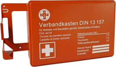 Produktbild von Verbandkasten orange Erste Hilfe Koffer DIN 13157 Verbandkasten + Wandhalter 620150SB