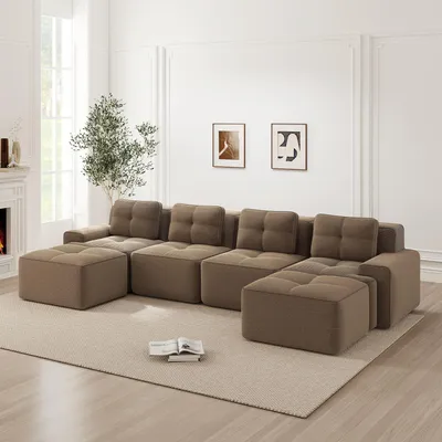 Zdjęcie produktu dla Sofa „Cloud” z tkaniny sztruksowej, w kształcie litery U, sofa modułowa bez ramy, 4-osobowa, z głębokim siedziskiem, 382 x 177 x 69 cm, brązowa