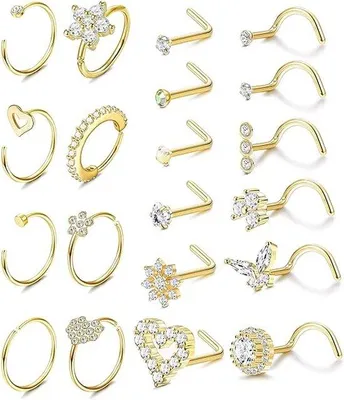 Zdjęcie produktu dla Zestaw 20 sztuk pierścionków do nosa Unyqoos® – stal nierdzewna 20G (0,8 mm), obręcze o średnicy 8 mm, sztyfty proste i śrubowe o długości 7 mm, kamienie CZ i opale o średnicy 2 mm, kolory: srebrny, złoty, różowe złoto, czarny
