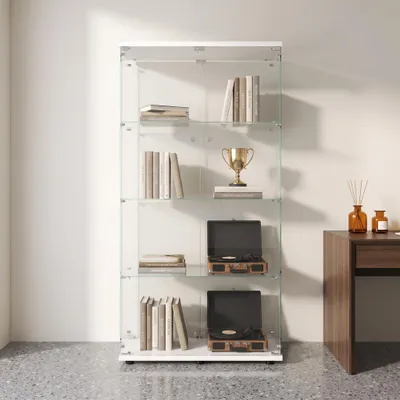 Productafbeelding van INONEFT Glazen displaykast, vrijstaande vitrine met slot, 4-laags glazen displaykast, verzamelvitrine, vitrinekast van hout en glas voor verzamelingen, wit