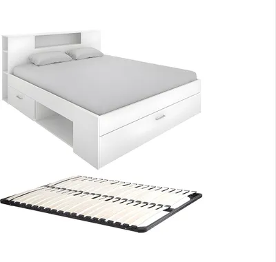 Produktbild von Bett mit Kopfteil, Stauraum & Schubladen + Lattenrost - 140 x 190 cm - Weiß - LEANDRE