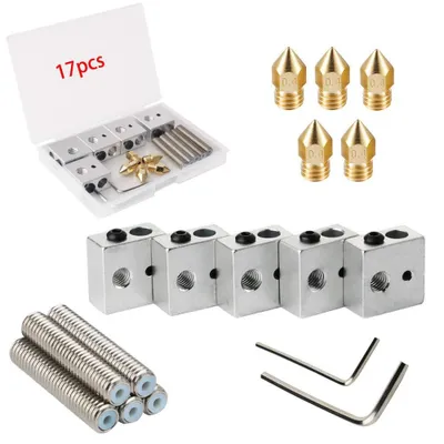 5x 30mm Teflon-Halsrohr + 5x 0,4mm Messingdüsen + 5x Heizblöcke für MK8