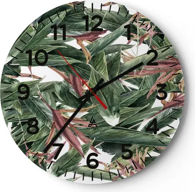 Produktbild von Wanduhr - Rund - Glasuhr - Pflanze Blatt Blume - 30x30cm - Schleichendes Uhrwerk - Lautlos - zum Aufhängen bereit - Dekoration Modern - Wanddekoration aus Glas - C4AR30x30-3844
