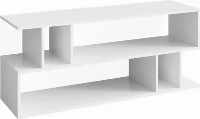 A white, modern, multi-level shelving unit.
