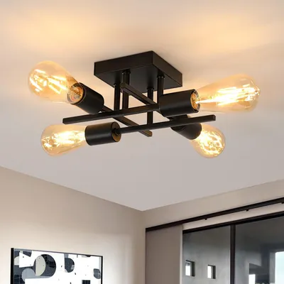 Immagine prodotto di Lampada a soffitto industriale, nera, stile vintage, con 4 luci a LED