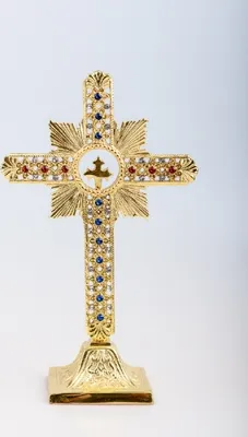 Produktbild von Stehkreuz vergoldet mit edlen Kristallsteinen, Höhe 25 cm