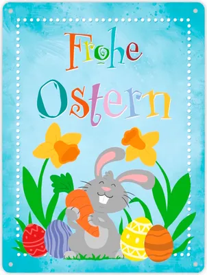 Produktbild von Frohe Ostern mit niedlichem Osterhasen Metallschild XL in 21x28 cm
