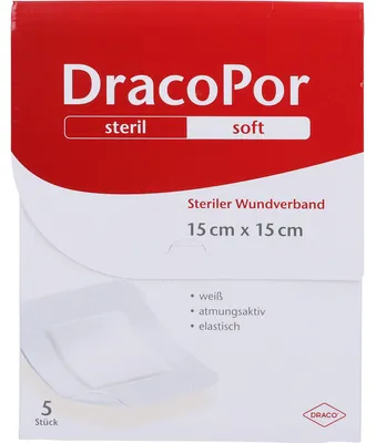 Immagine prodotto di DracoPor Medicazione sterile morbida per ferite bianca 15 cm x 15 cm, 5 cerotti