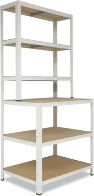 Productafbeelding van Werkbank, 190x90x60 cm. Wit metalen kast met 6 planken en een draagvermogen van 145 kg per plank