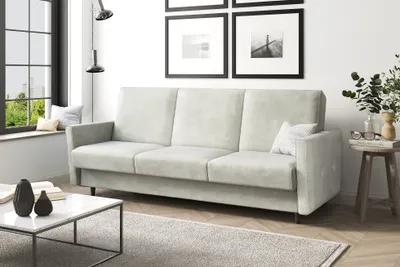 Produktbild von MEBLINI Sofa mit Schlaffunktion - Schlafcouch Ausziehbar - Schlafsofa mit Bettkasten - Sofabett - Couch mit Schlaffunktion - Klappsofa - ANDRES 2 - 218x87x93cm - Hellgrau Samt