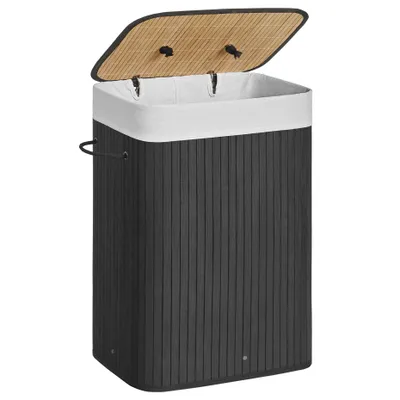 A black laundry basket with a bamboo lid, shown with the lid open.