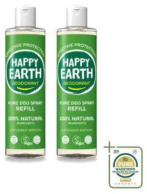 Image de 2 flacons recharge pour le déodorant spray Happy Earth - Concombre et matcha - 300 ml - Pack économique - 2 pièces