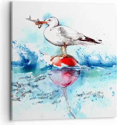 Produktbild von Bild auf Leinwand - Leinwandbild - Wasser Fische Möwe hungrig - 70x70cm - Wand Bild - Wanddeko - Leinwanddruck - Bilder - Kunstdruck - Wanddekoration - Leinwand bilder - Wandkunst - AC70x70-3047