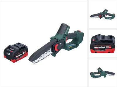 A cordless chainsaw and its battery are displayed against a white background.