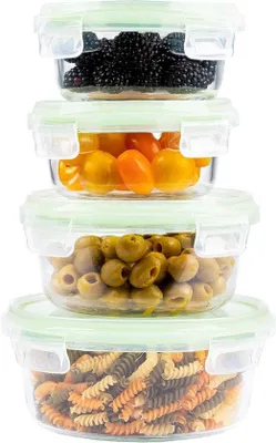 Produktbild von Gläserne Rundbehälter mit Deckel für Meal Prep - Raumsparende Lebensmittelbehälter für Mikrowelle und Gefrierschrank (Set 4 Gemüse) mikrowellenfeste Behälter mit Deckel