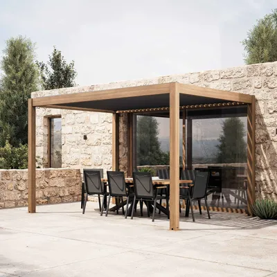 Image de Pergola bioclimatique autoportée 3x4m en aluminium bois gris - Oviala Athenes