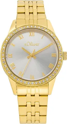 A close-up studio shot of a gold-colored women's watch with a silver dial and a crystal-embellished bezel.