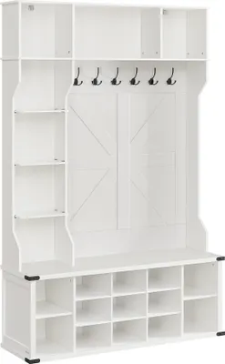A white hall tree with shelves, a bench, and shoe storage.