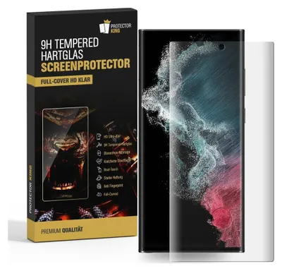 A product box for a screen protector is shown next to a smartphone with a screen protector applied.