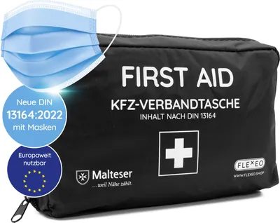 Produktbild von FLEXEO KFZ-Verbandtasche DIN 13164:2022 Erste-Hilfe-Tasche fürs Auto PKW, schwarz