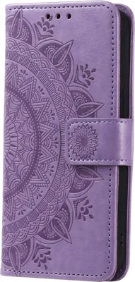 A purple flip phone case with a mandala pattern.