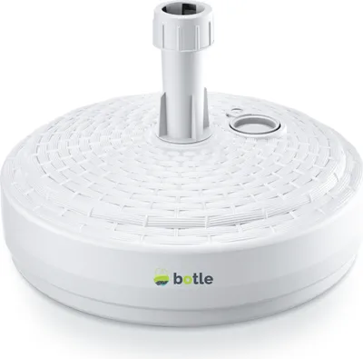 A white umbrella base with a textured top and a central pole.