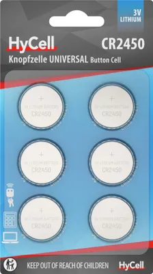 A blister pack of six HyCell CR2450 3V lithium button cell batteries.