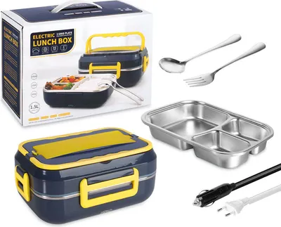 Image de Boîte à pain électrique Chauffe-repas 2 en 1 12V 220V Récipient chauffe-repas avec vaisselle Support de téléphone portable Anti-fuite pour la voiture à la maison Bleu