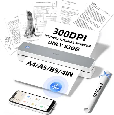 Produktbild von Thermodrucker, 300DPi Bluetooth Mobiler Drucker für Unterwegs, Thermodrucker A4 für Fahrzeuge, Büro, Zuhause, Schule, Kompatibel mit iOS, Android