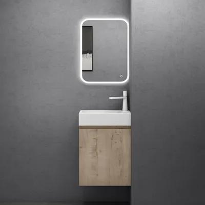 Produktbild von doporro Badmöbelset Waschbecken-Unterschrank für Gäste-WC 46cm in Eiche Greige Design Waschplatz Wandmontage inkl. LED-Spiegel Pisa02