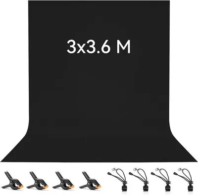 Obrázek produktu pro Fotografie pozadí 3 x 3.6 M - Černý polyester pozadí se svorkami pro fotoateliér a video nahrávky