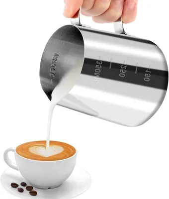 Produktbild von Handgehältige, roestvrije stahl Aufschaumkanne, Kaffee-Crème, Milchschaumkanne, Tassenkanne mit Maßangabe, perfekt für Barista, Cappuccino, Espresso-Latte, 350 ml.