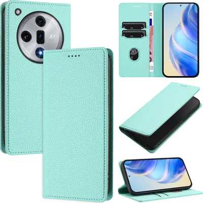 Produktbild von Litchi Leder Handyhülle für Oppo Find X7 Wallet Kartenfächer Standfunktion Hülle Türkis