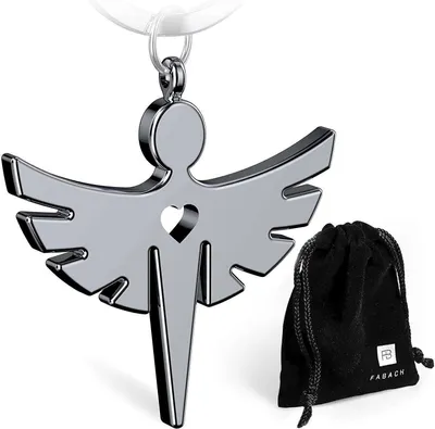 Image de FABACH - Porte-clés « Ange gardien Fabiel » avec cœur - Élégant pendentif ange en métal argenté brillant - Porte-bonheur à offrir pour la voiture ou le permis de conduire - Conduis prudemment