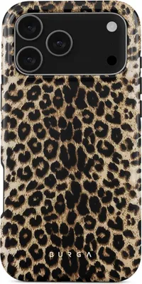 A close-up shot of a phone case with a leopard print pattern.