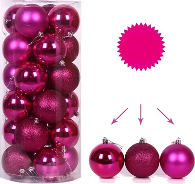 A clear product shot of pink Christmas ornaments in a clear plastic tube and three individual ornaments displayed below.