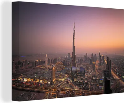 Obrázok produktu pre OneMillionCanvasses® - Obrazy na plátne - 140x90 cm, Západ slnka nad Dubajom, Nástenná umelecká tlač Nástenná dekorácia - Fotografia na plátne - Maľba na drevenom ráme