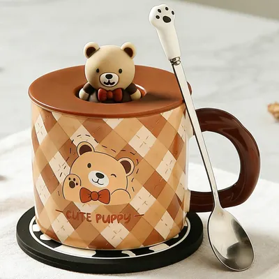 Produktbild von Keramik Tasse mit Deckel & Löffel 420ml Bär Design Geschenkidee