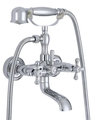 Produktbild von Retro Badewannenarmatur mit Handbrause Zweigriff-Set Messing verchromt