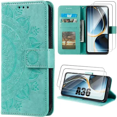 Image de Coque + 2 Verres Trempés pour Samsung Galaxy A36 5G, Protection Antichoc Cuir Synthétique Gravure Mandala Exotique Vert